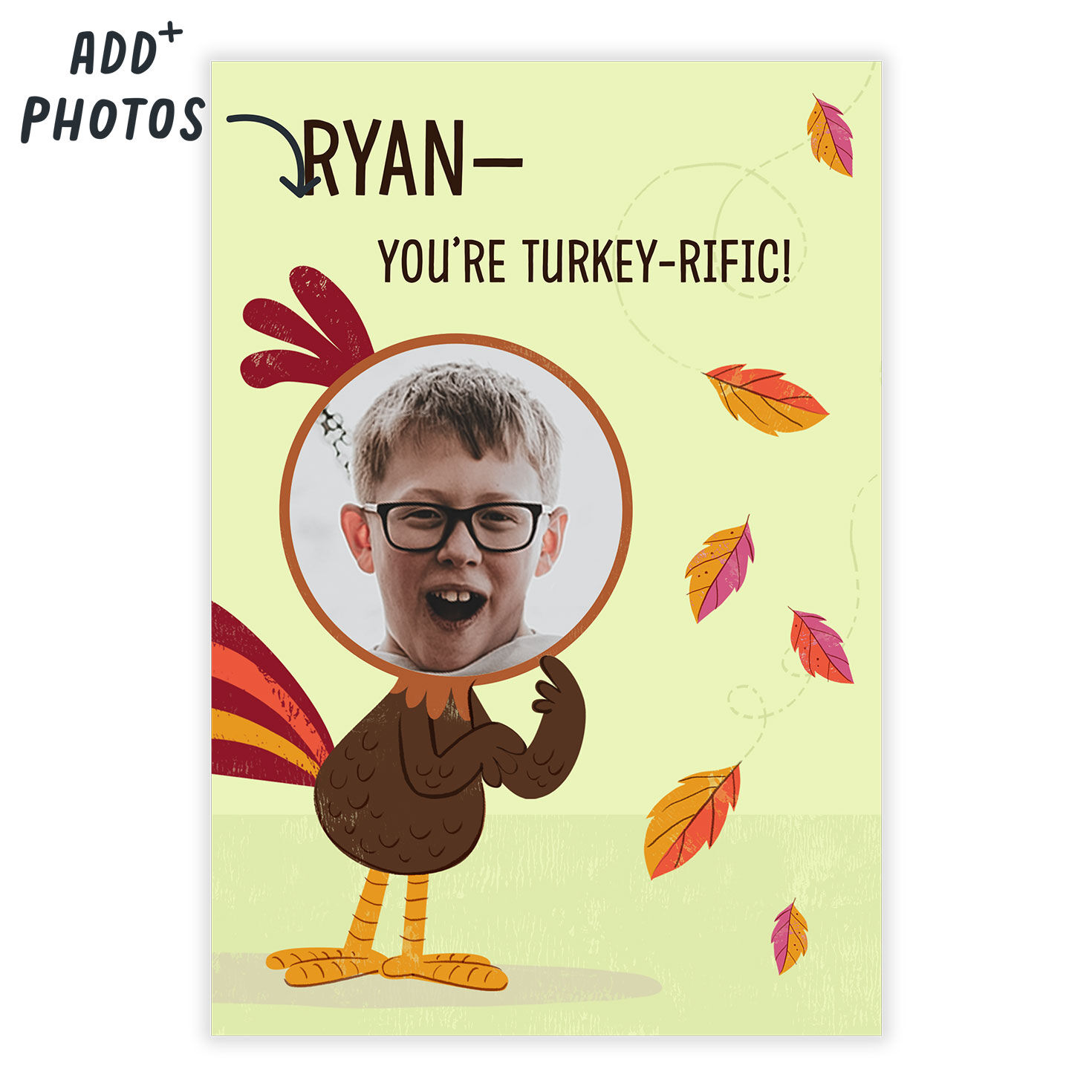 Photo as Turkey Face Personalized Thanksgiving Card Card Front indicating personalization image number 2