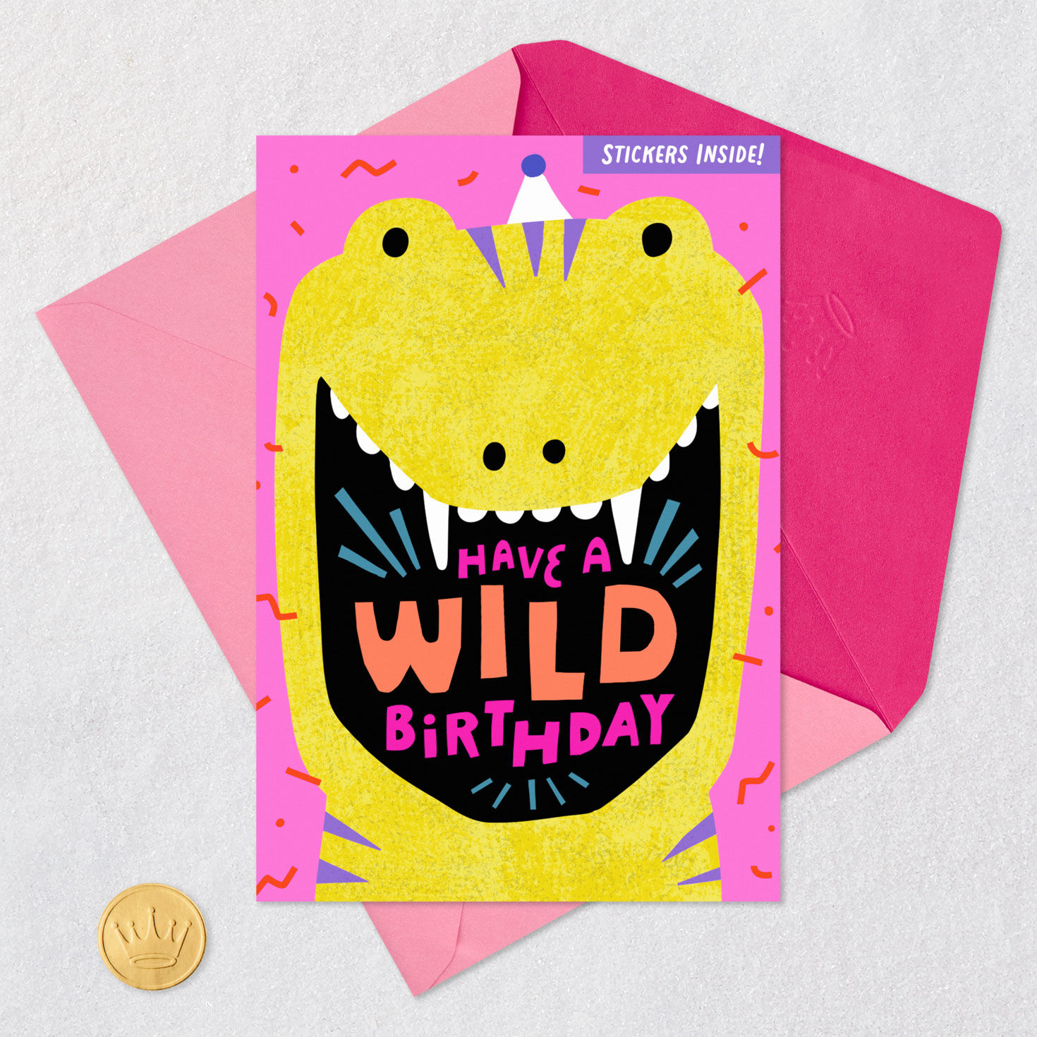 Dinosaur in Party Hat Kids Birthday Card With Stickers Card Front with Envelope and Gold Seal image number 6