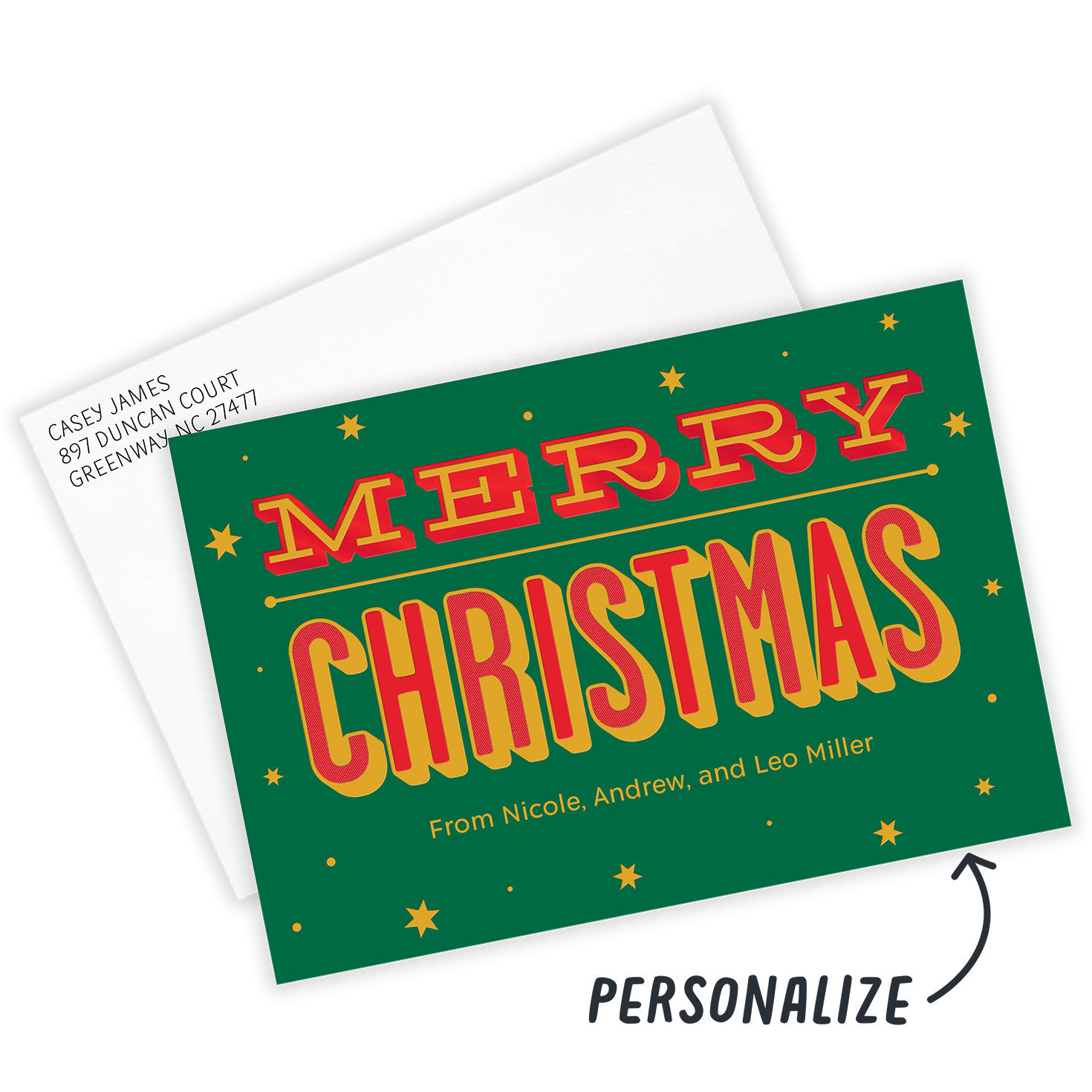 Bold Merry Christmas Personalized Photo Card Card Front indicating personalization image number 2