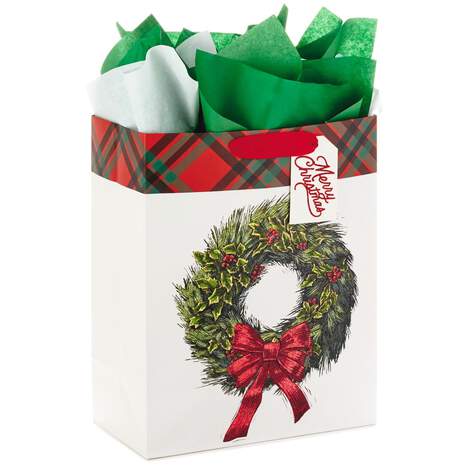 13" Christmas Wreath Gift Bag With Tissue, , large