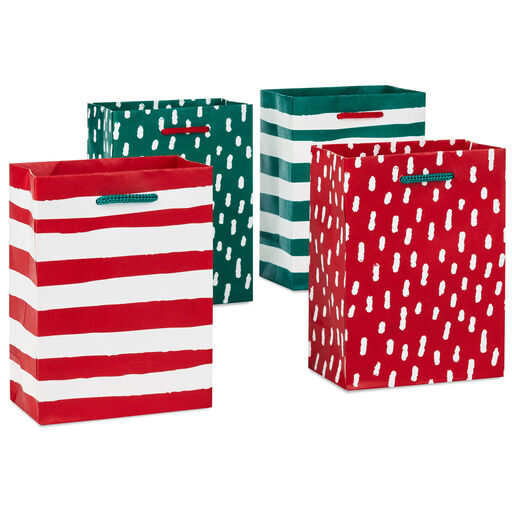 5.7" Red and Green Patterns 4-Pack Small Christmas Gift Bags, 