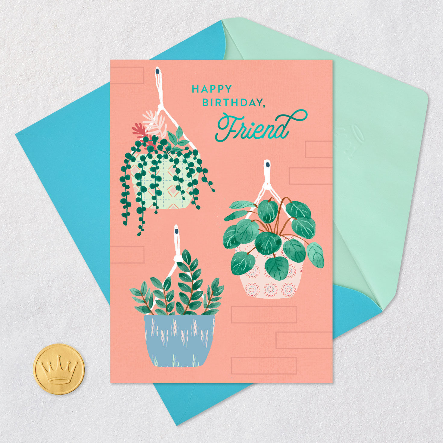 Hanging Plants on Peach Birthday Card Card Front with Envelope and Gold Seal image number 5