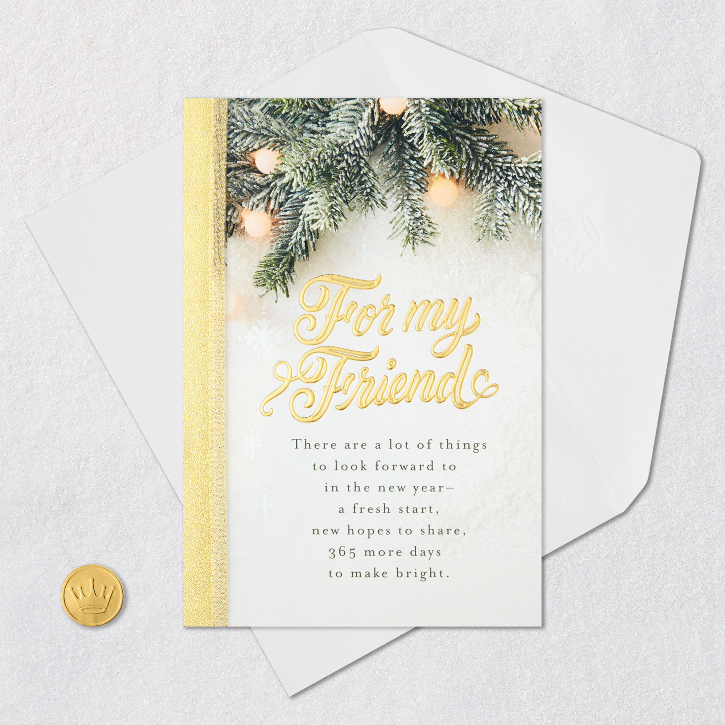 Snowy Pine Branches Holiday Card for Friend Card Front with Envelope and Gold Seal image number 5
