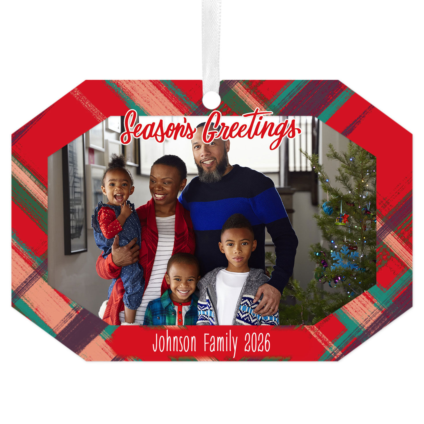 Red Plaid Metal Personalized Ornament, Custom Photo and Text