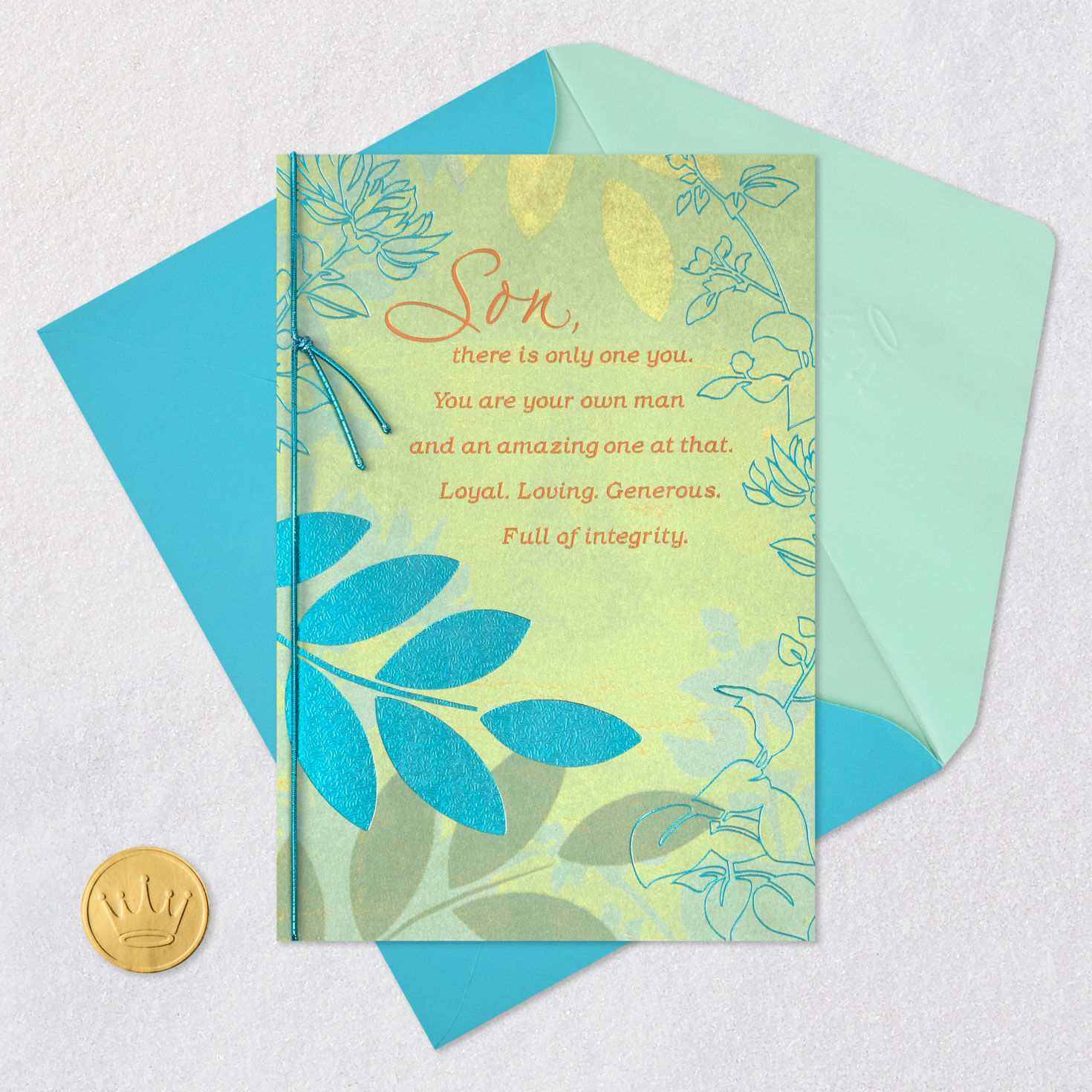 Leaves on Green Birthday Card for Son Card Front with Envelope and Gold Seal image number 5