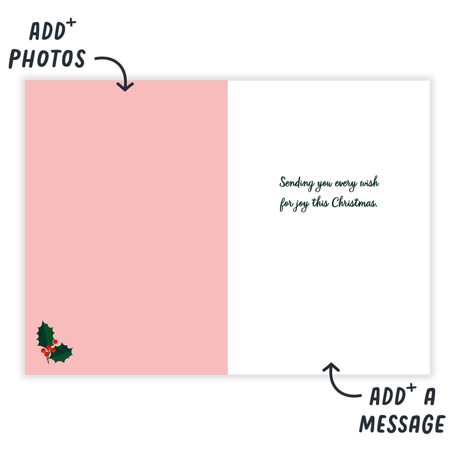 Pink Stamp With Holly Personalized Christmas Card Open Card indicating personalization image number 3