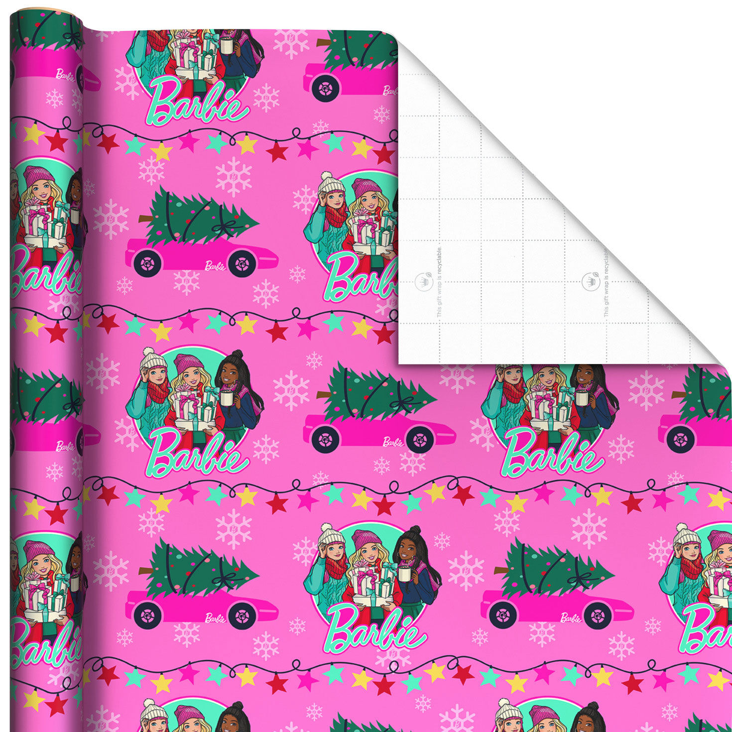 Barbie™ and Friends on Pink Christmas Wrapping Paper Roll, 35 sq. ft.