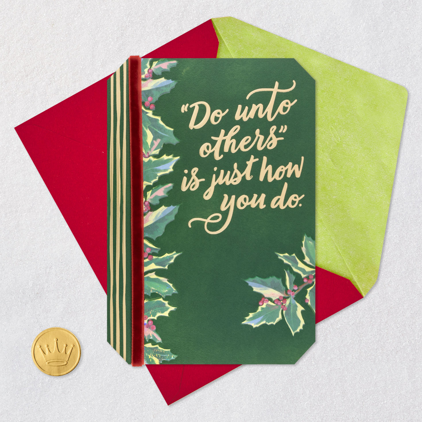 Holly on Green With Red Ribbon Christmas Card Card Front with Envelope and Gold Seal image number 6