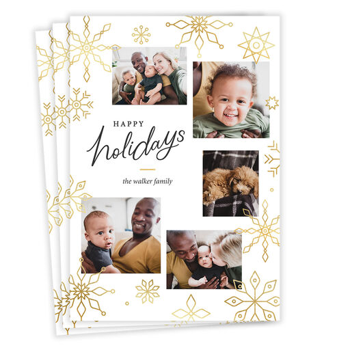 Gold Snowflakes on White Flat Holiday Photo Card, 