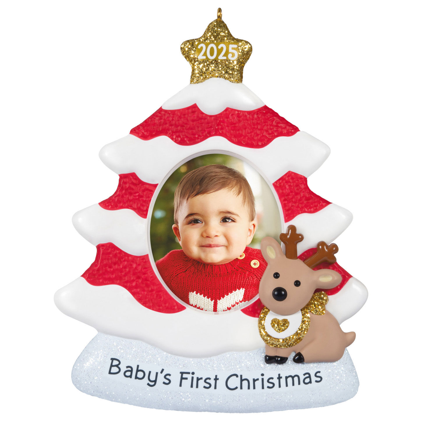 Baby's First Christmas Red and White Tree 2025 Photo Frame Ornament