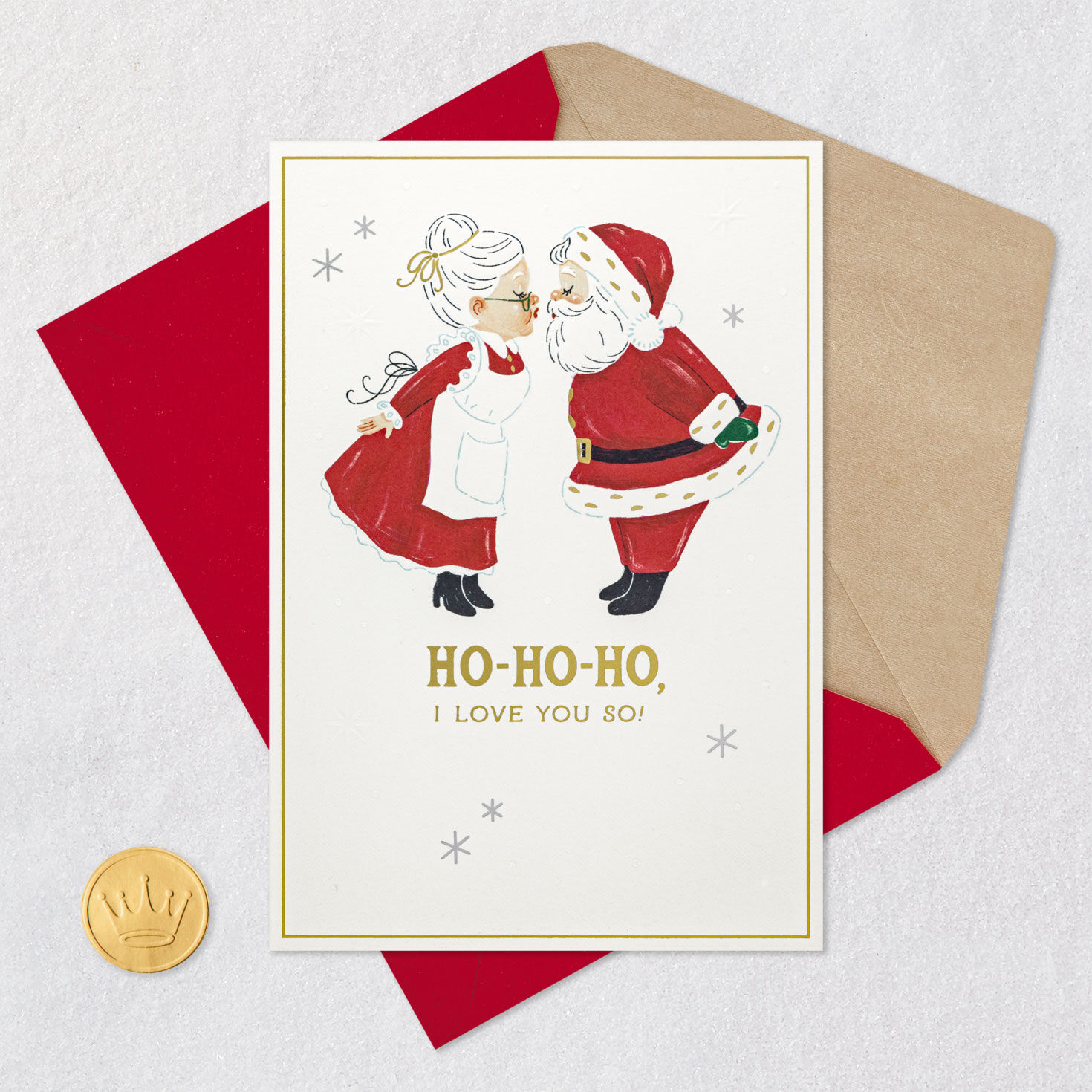 Vintage Kissing Santa and Mrs. Claus Christmas Card Card Front with Envelope and Gold Seal image number 6