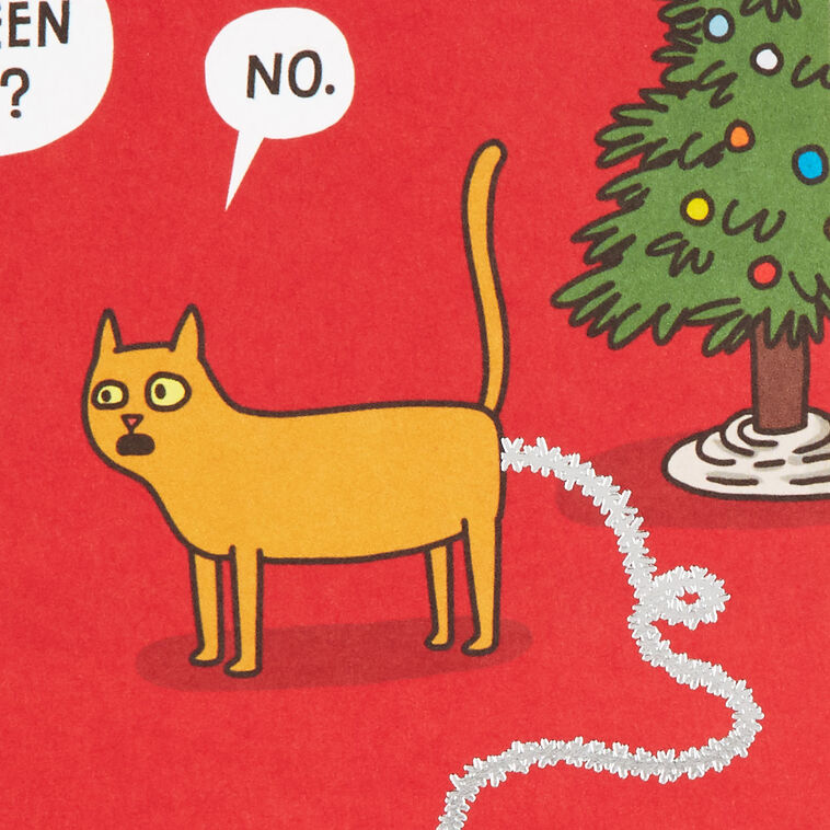 Two Cats with Tree and Tinsel Red Christmas Card Card Front Detail image number 4