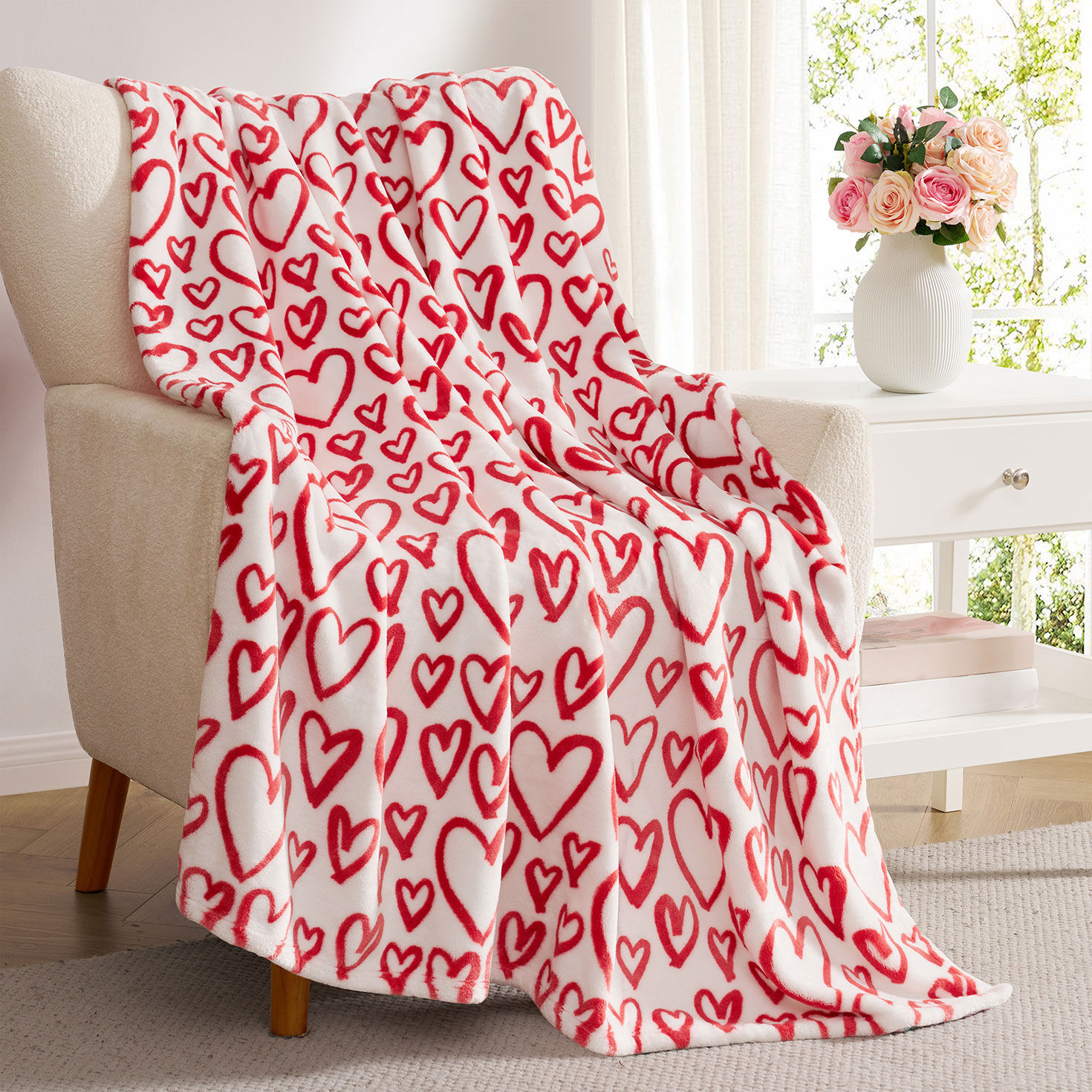 Red Hearts on White Valentine's Day Throw Blanket in use image number 2