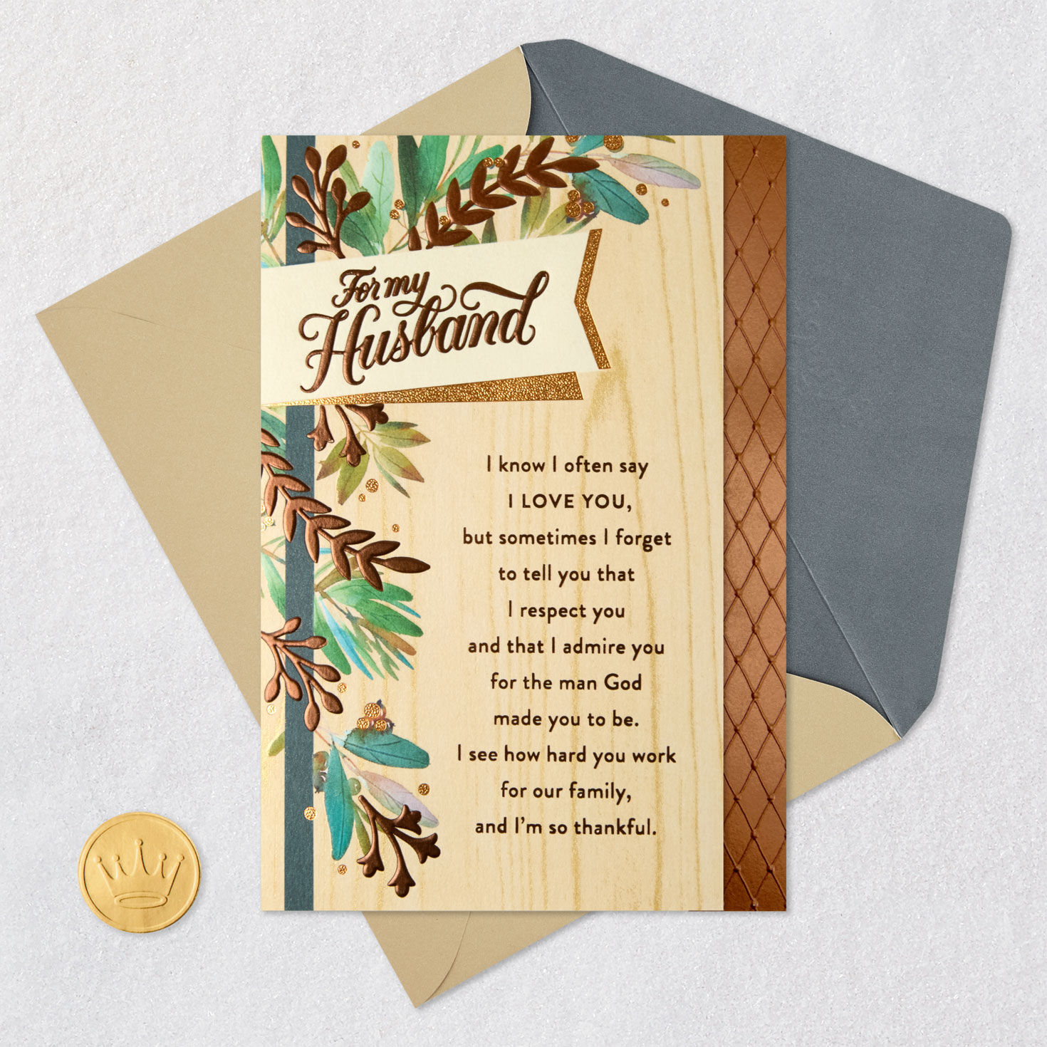 Leaves on Woodgrain Religious Father's Day Card for Husband Card Front with Envelope and Gold Seal image number 6