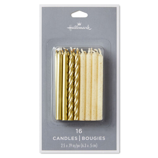 Gold Matte, Spiral and Glitter Birthday Candles, Set of 16, Gold