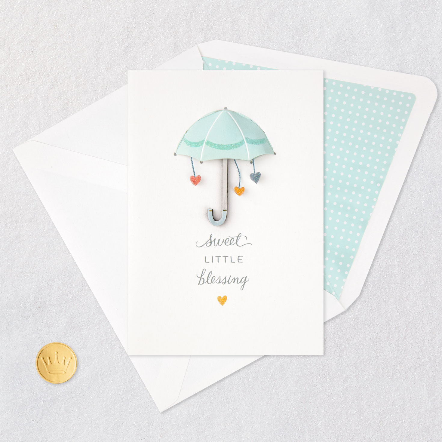 Mint Green Umbrella New Baby Shower Card Card Front with Envelope and Gold Seal image number 5