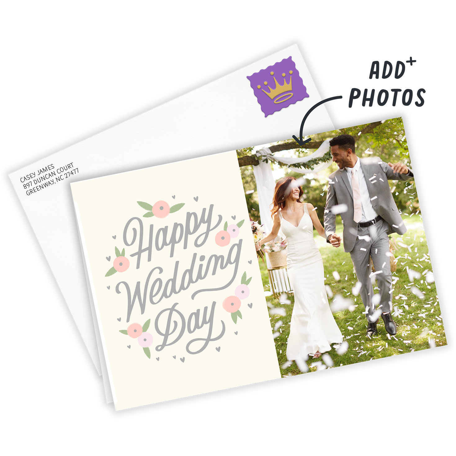 Pink Flowers Happy Day Personalized Wedding Card Card Front with Envelope image number 2