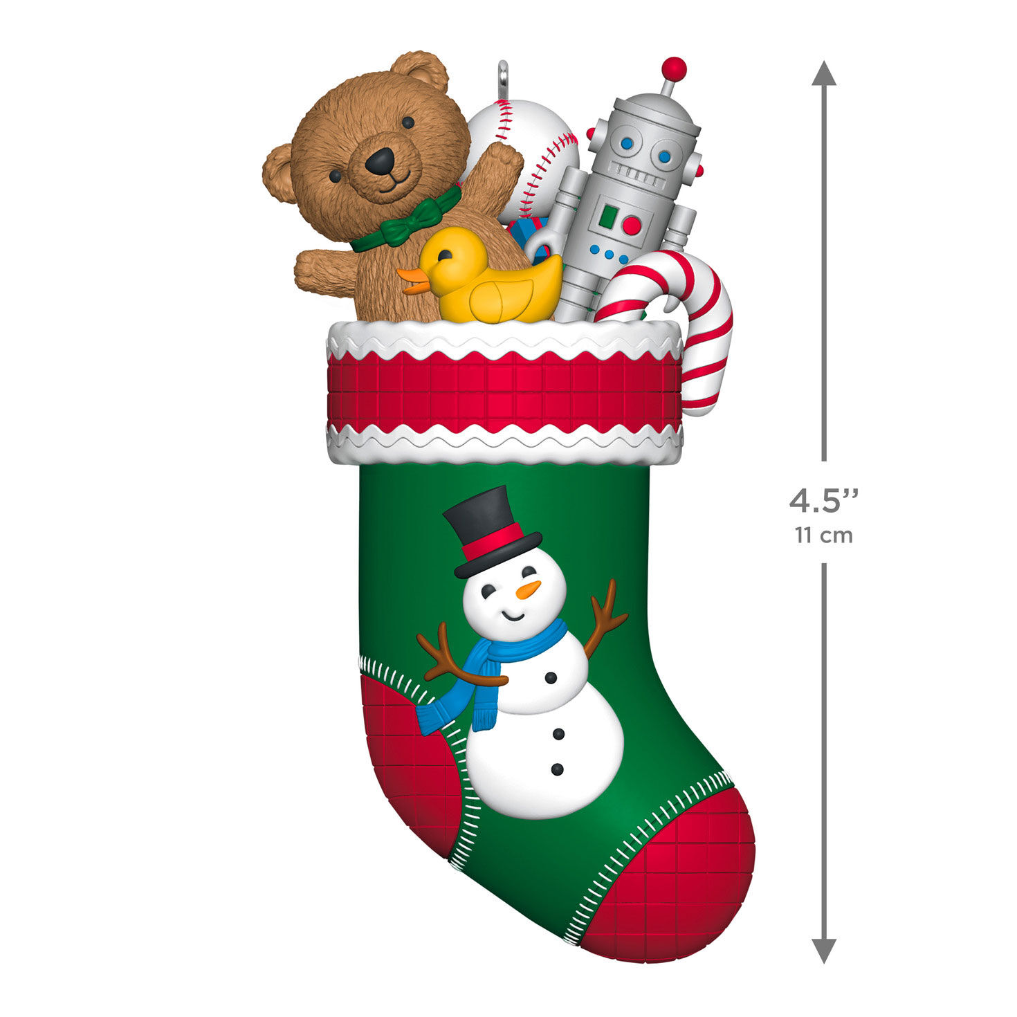 Snowman Stocking With Toys Keepsake Ornament measurement image number 3