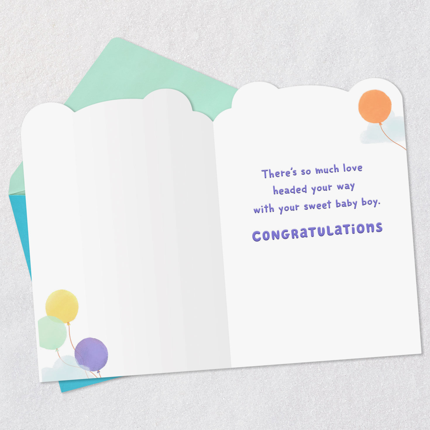 Balloons Carrying Baby in Basket New Baby Boy Card Open card with envelope image number 3