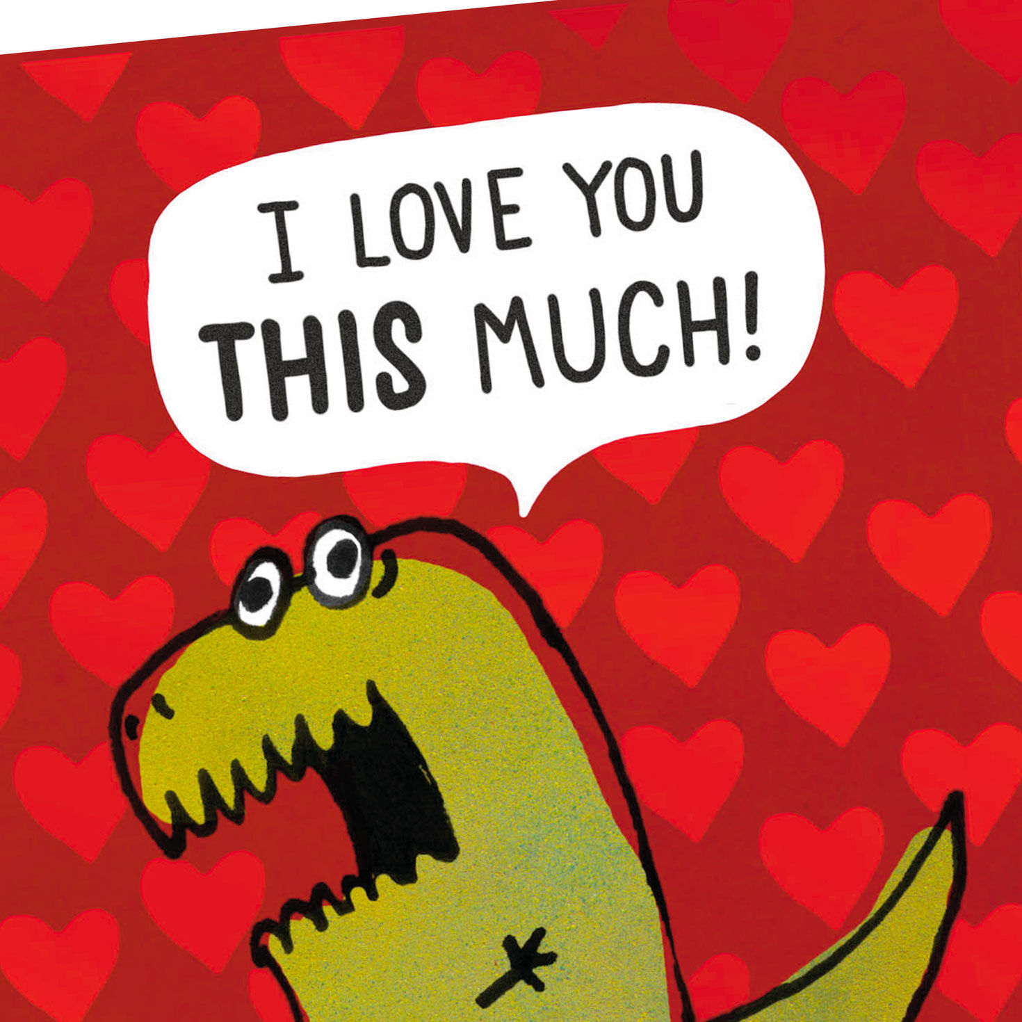 Green T-Rex Funny Love Card with Red Hearts Card Front Detail image number 4