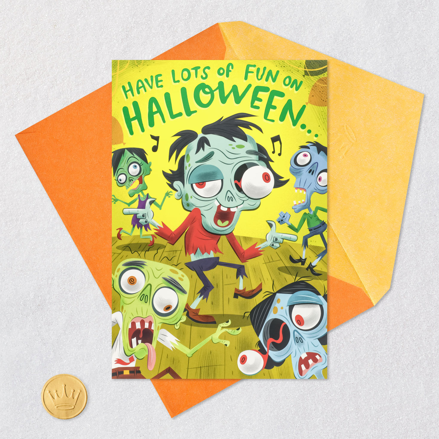 Funny Zombie on Yellow Pop-Up Halloween Card Card Front with Envelope and Gold Seal image number 5