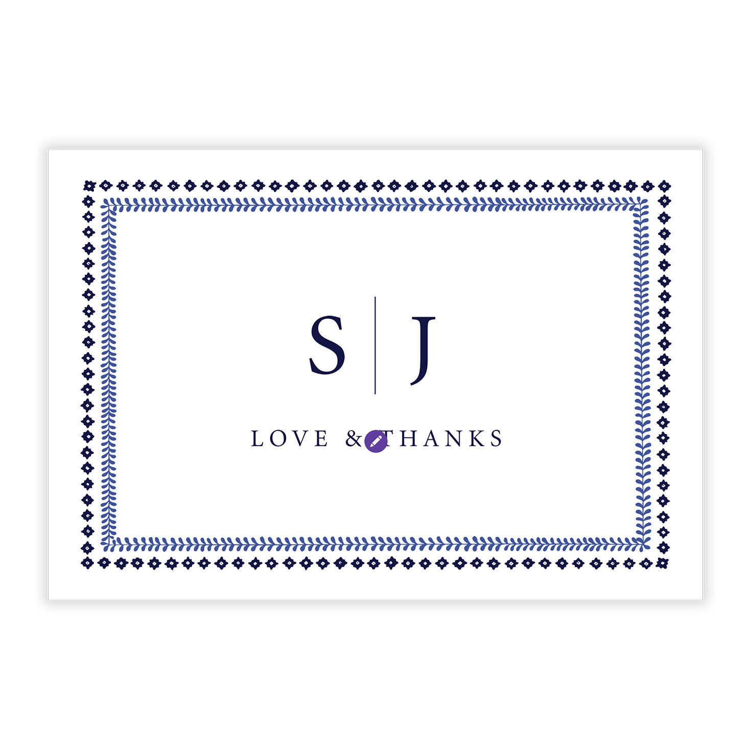 Blue Pattern Borders Personalized Wedding Thank You Card Front indicating personalization image number 5