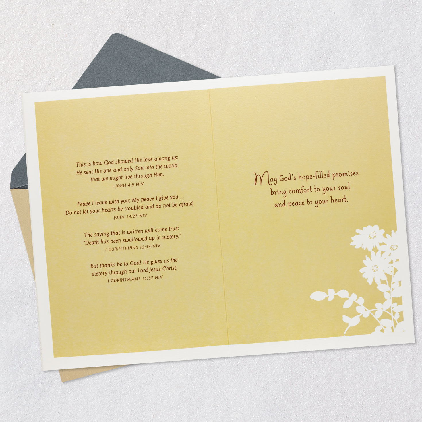 Laser-Cut White Flowers Christian Sympathy Card Open card with envelope image number 4
