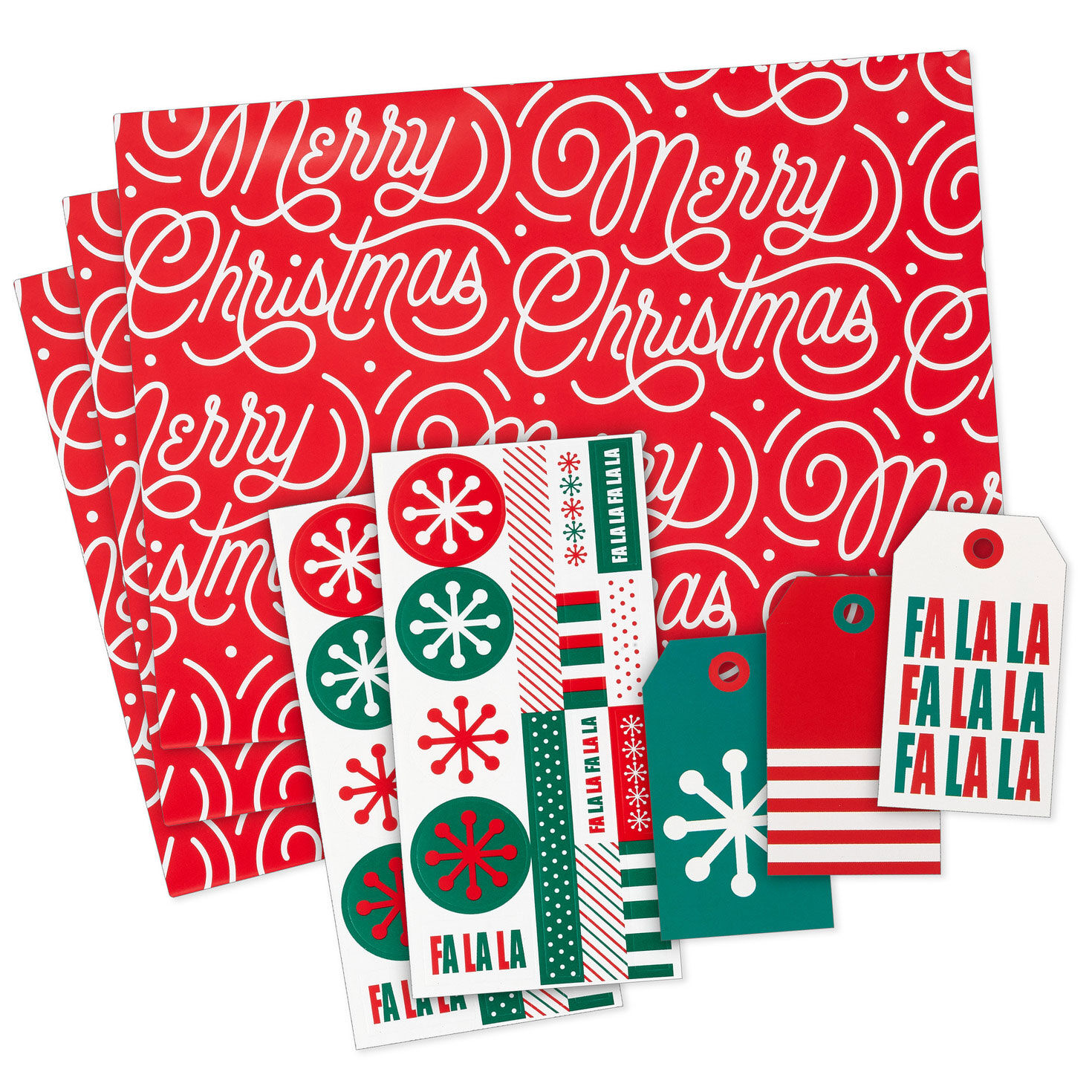 Merry Christmas on Red 3-Pack Flat Wrapping Paper Bundle