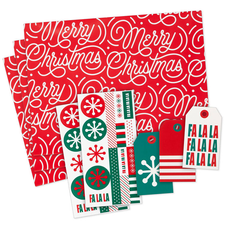 Merry Christmas on Red 3-Pack Flat Wrapping Paper Bundle