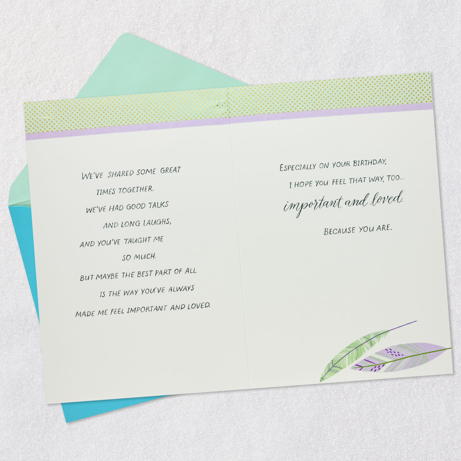 Green and Purple Feathers Wife Birthday Card Open card with envelope image number 4