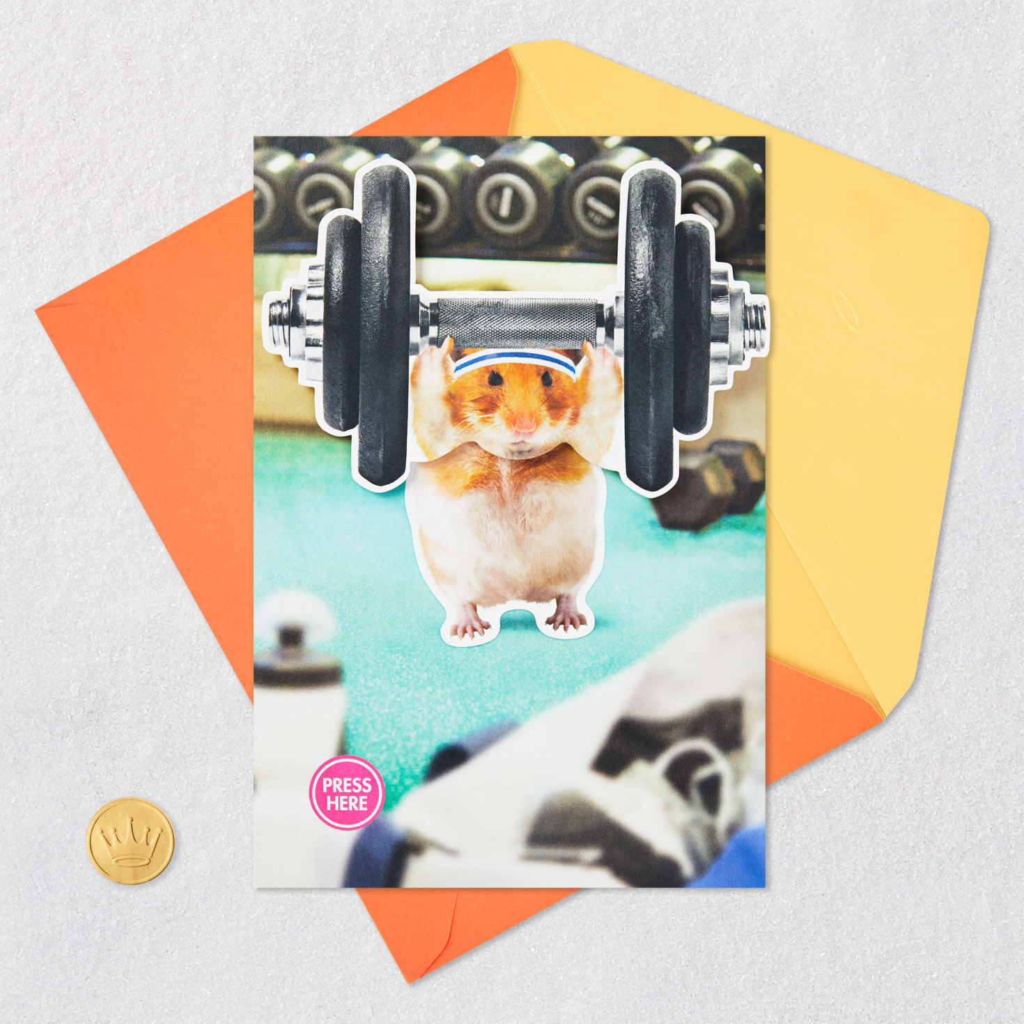 Weight Lifting Hamster Music & Motion Funny Birthday Card Card Front with Envelope and Gold Seal image number 5