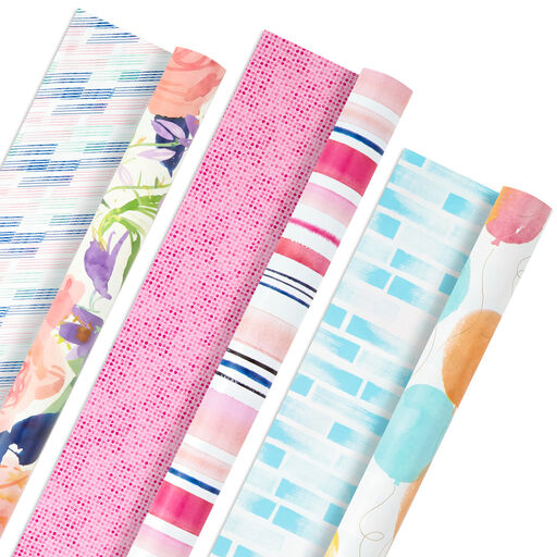 Watercolor Tones 3-Pack Reversible Wrapping Paper, 75 sq. ft. total, 