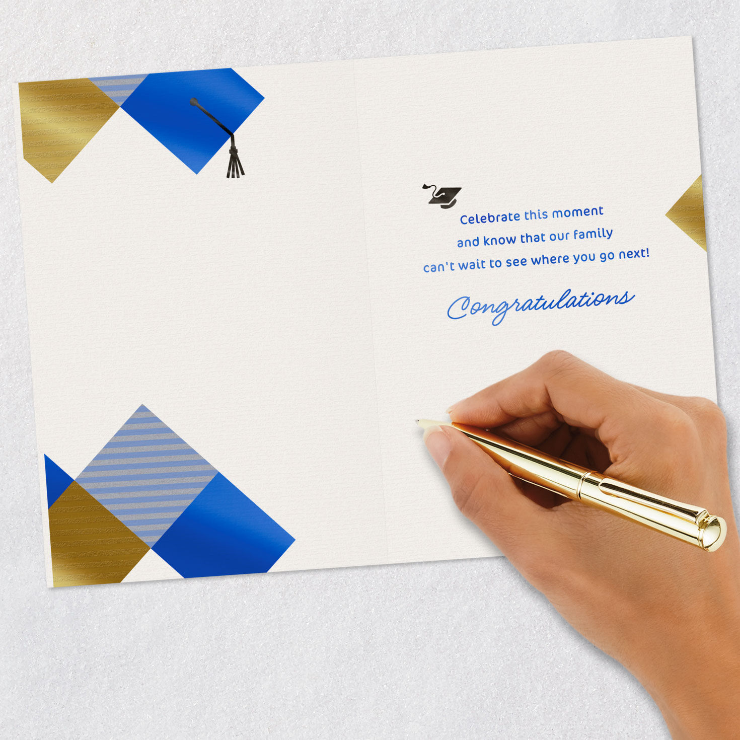 Blue and Gold Diamonds Graduation Card for Niece Signing card image number 6
