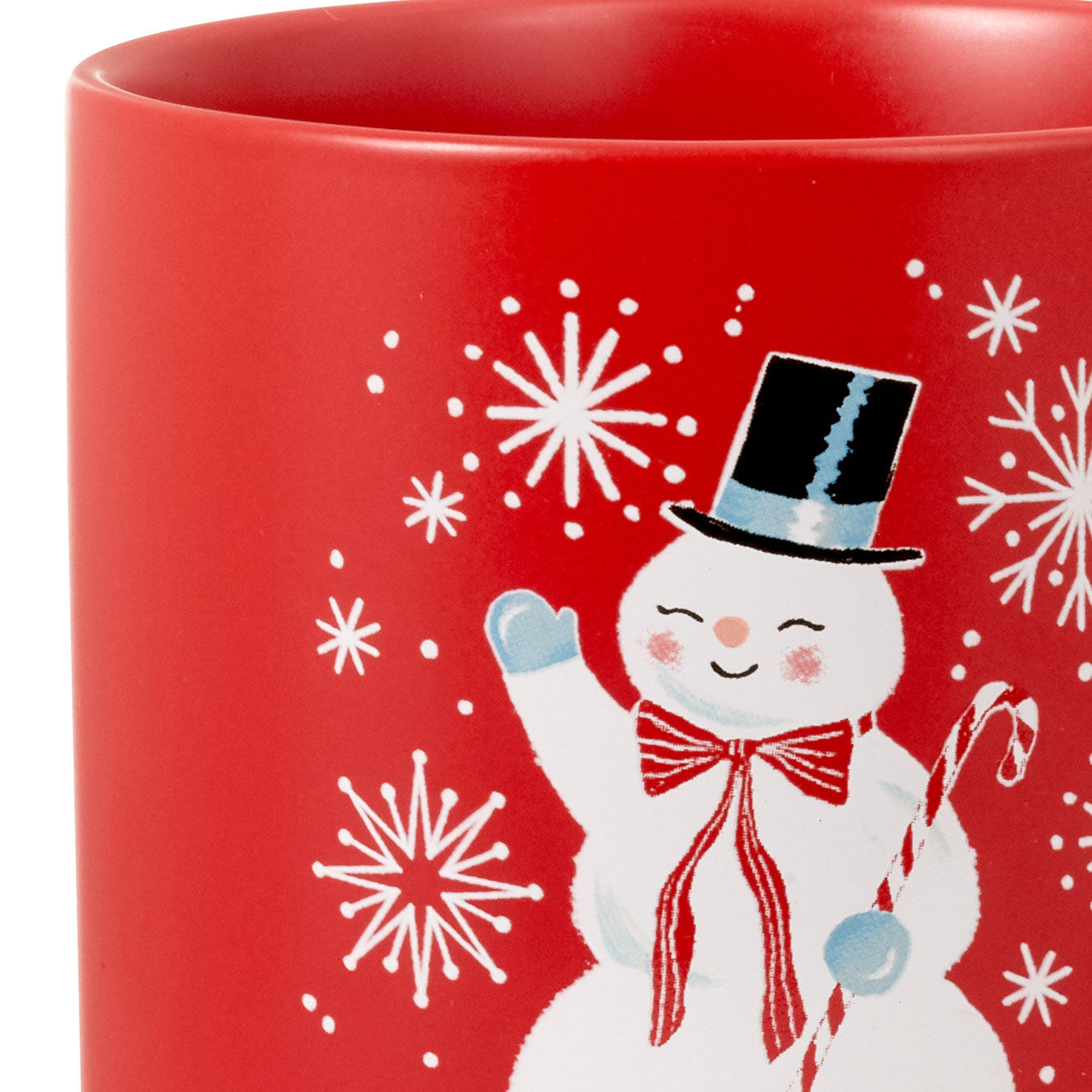 Vintage Snowman Red Ceramic Mug upclose view image number 3