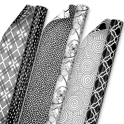 Black and White Prints 3-Pack Reversible Wrapping Paper, 75 sq. ft. total, 
