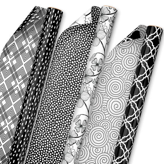 Black and White Prints 3-Pack Reversible Wrapping Paper, 75 sq. ft. total