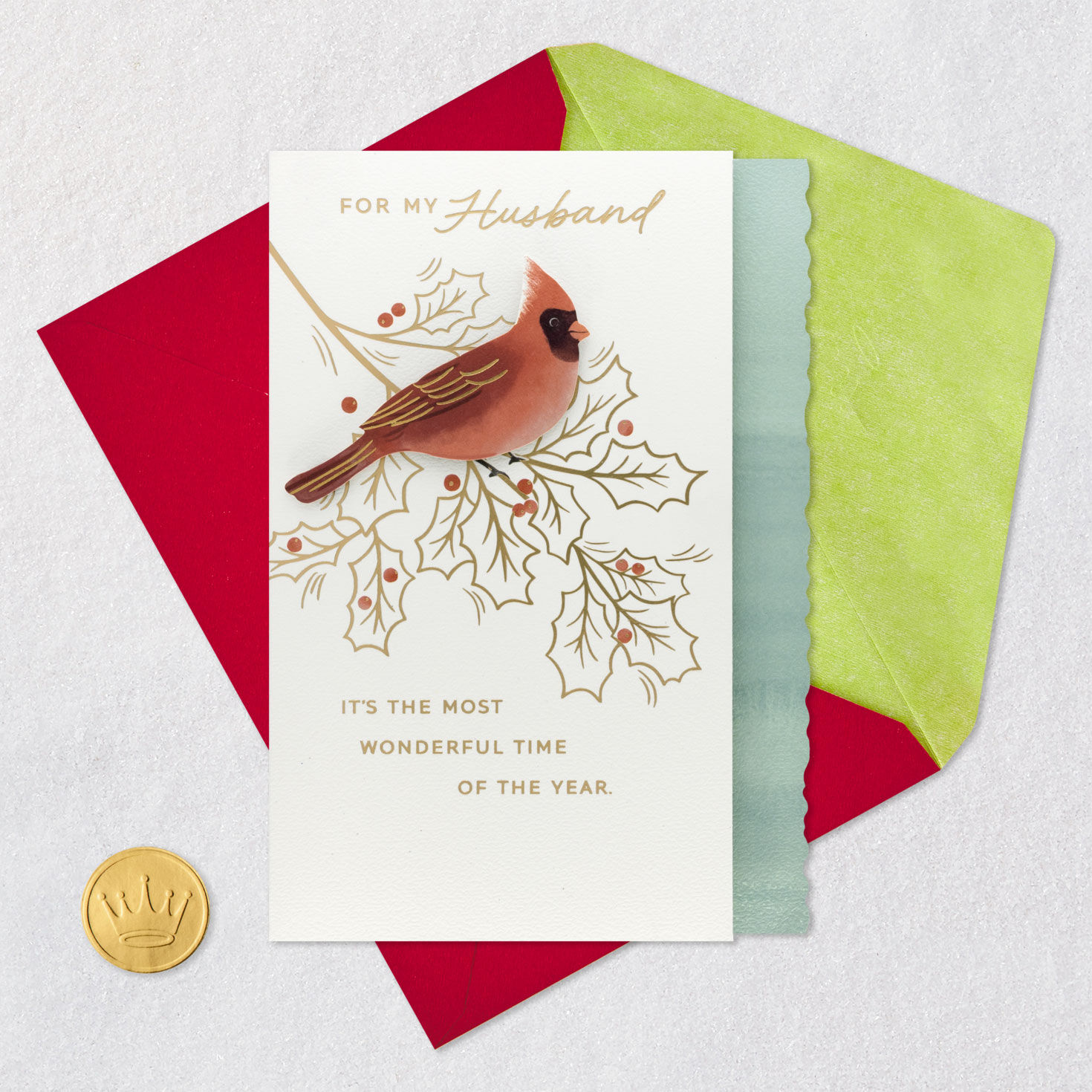 Cardinal Holly Christmas Card for Husband Card Front with Envelope and Gold Seal image number 6