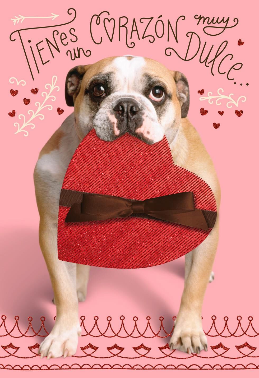 Bulldog With Candy Heart Spanish Valentine's Day Card