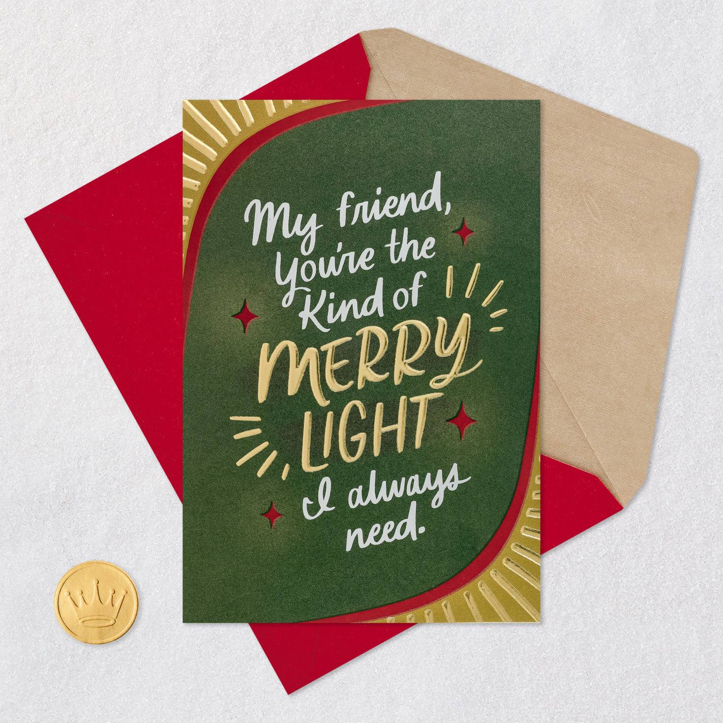 Gold Lettering on Green Christmas Card for Friend Card Front with Envelope and Gold Seal image number 6