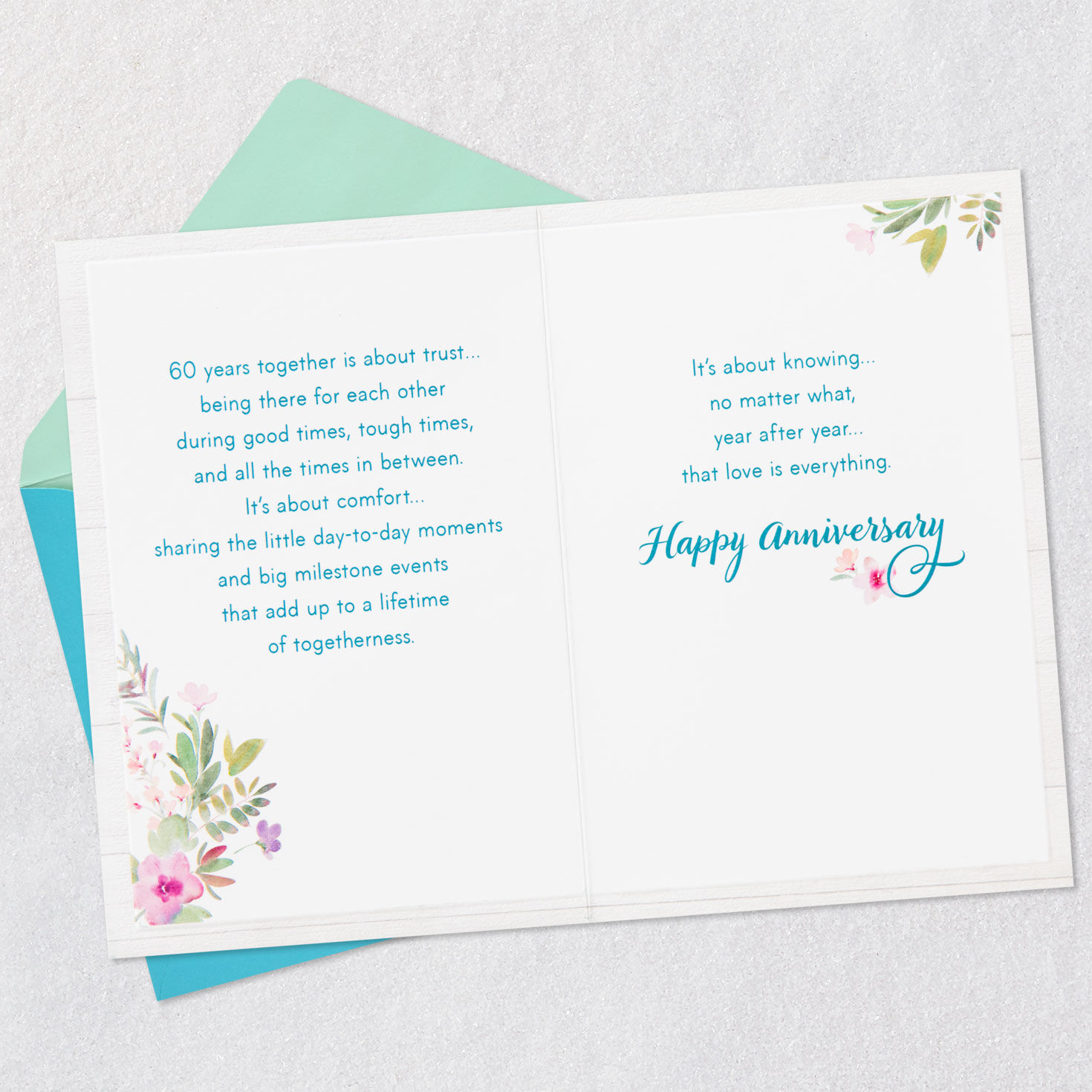 Flowers on White Plank 60th Anniversary Card Open card with envelope image number 4