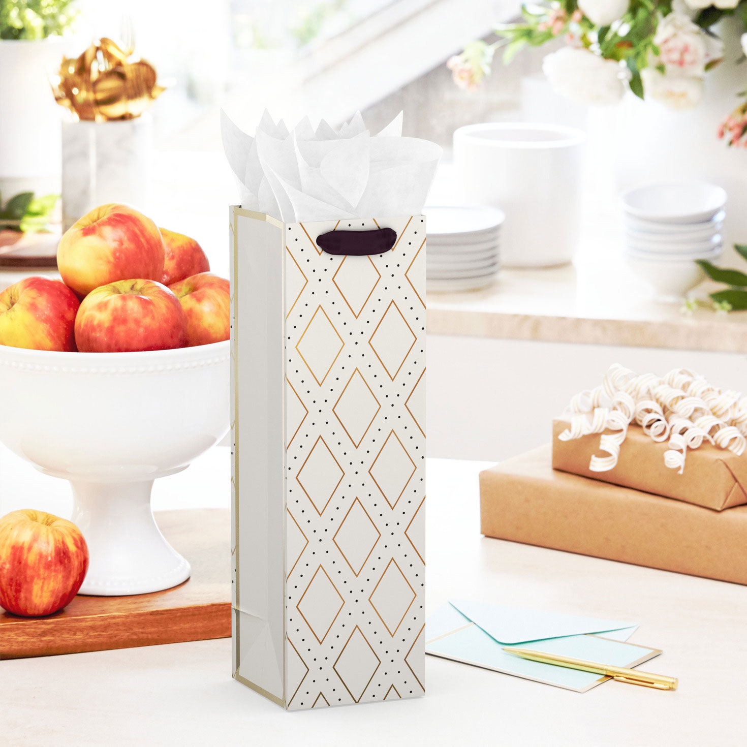 Gold Diamonds and Dots on Cream Wine Bag in use image number 2