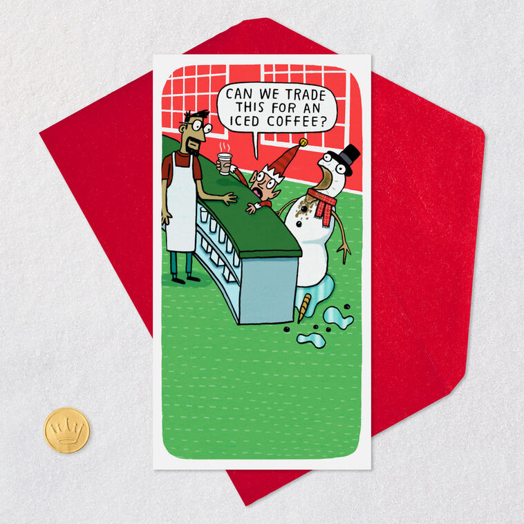 Coffee Elf and Melted Snowman Funny Christmas Card Card Front with Envelope and Gold Seal image number 6