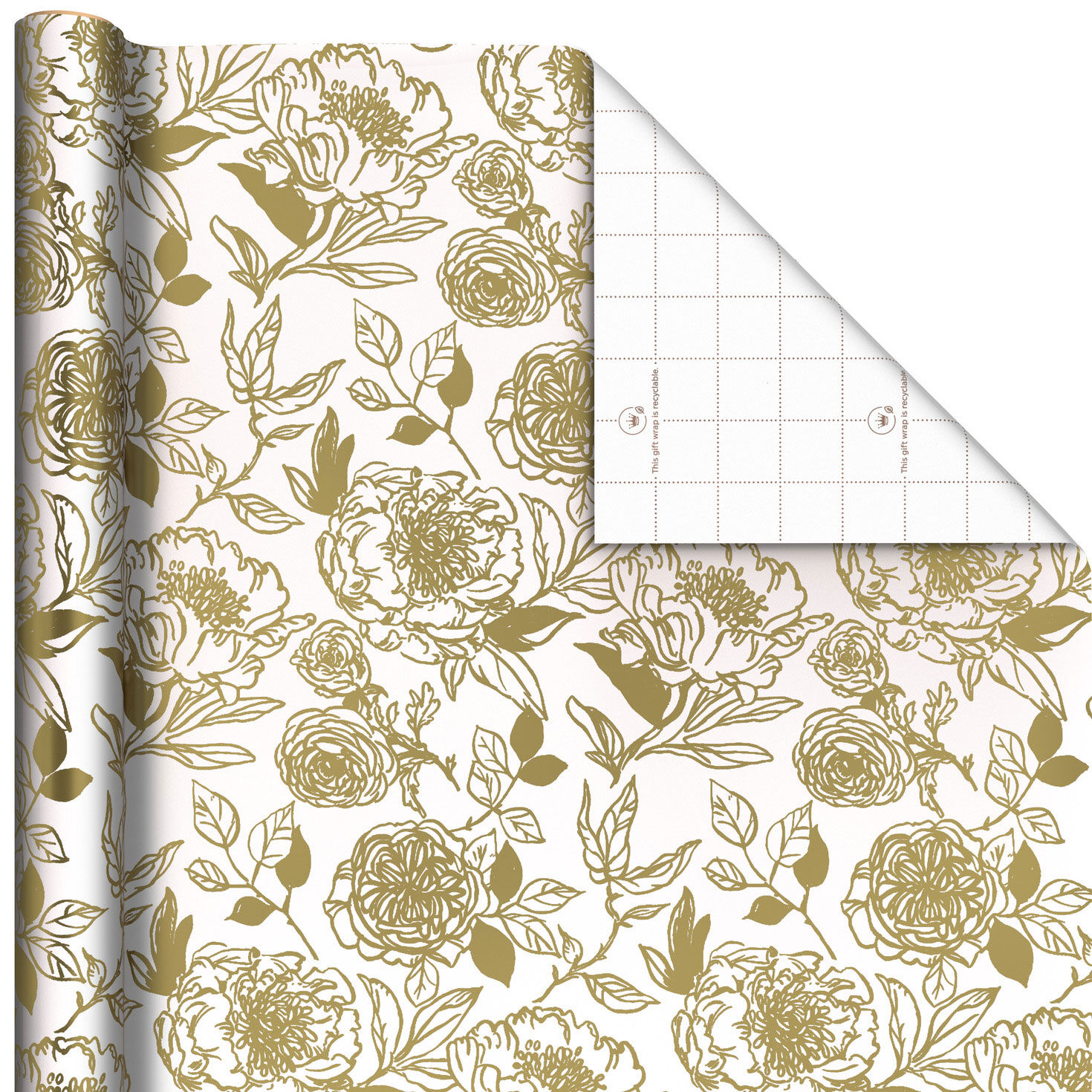 Gold Illustrated Roses on White Tall Wrapping Paper Roll, 35 sq. ft.