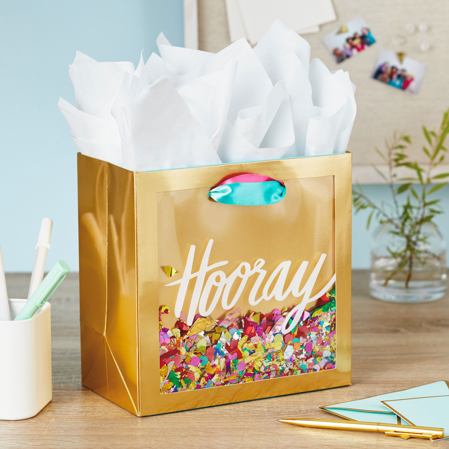 Hooray With Confetti Gold Medium Square Gift Bag in use image number 2