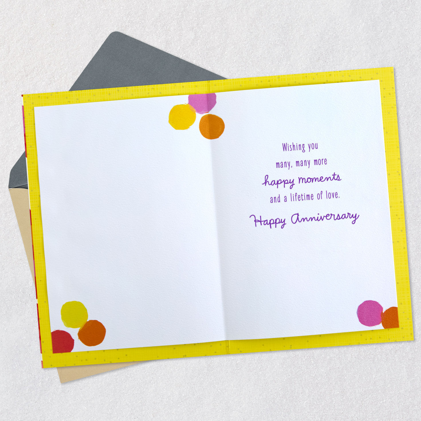 Pink, Yellow, Red and Orange Polka Dots Anniversary Card Open card with envelope image number 3