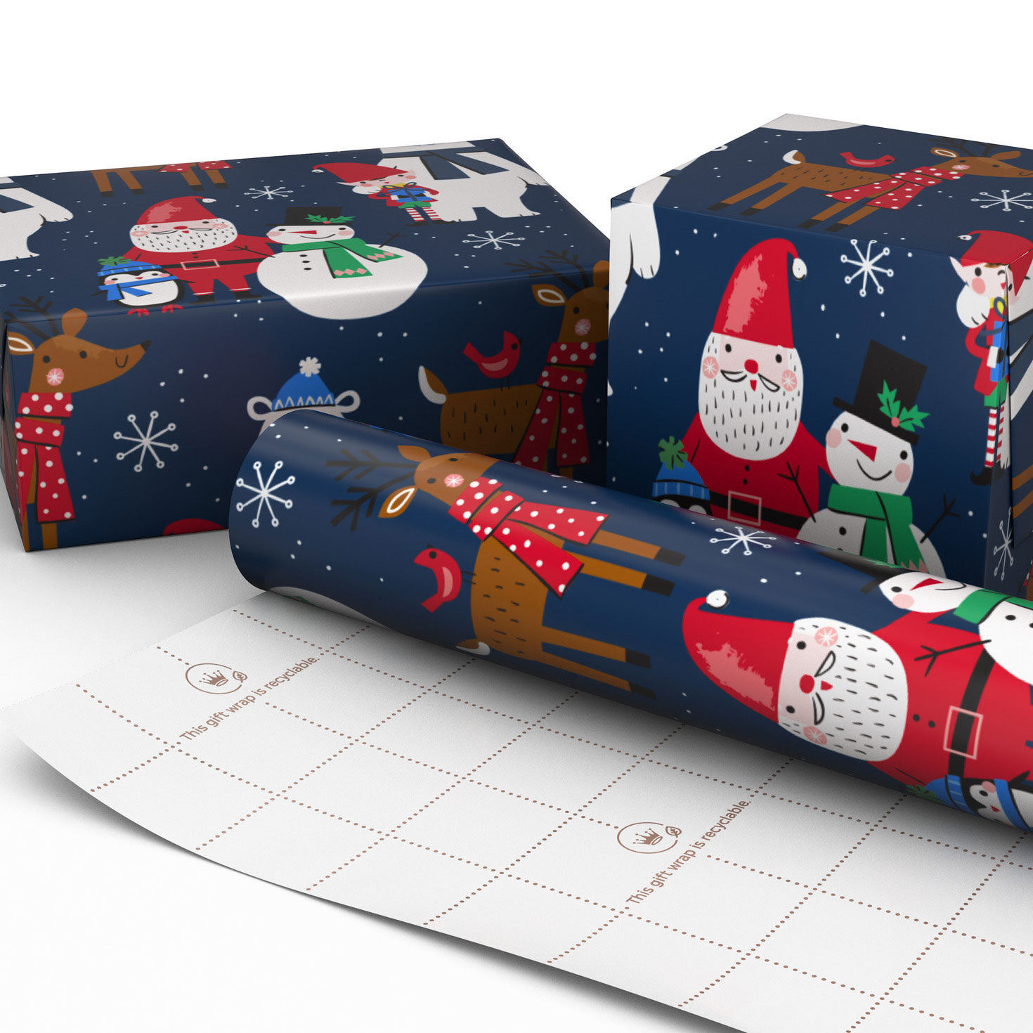 Santa and Friends on Navy Jumbo Christmas Gift Wrap in use image number 2