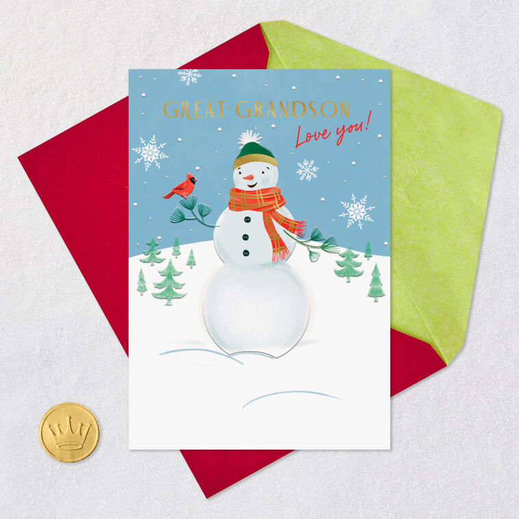 Snowman on Blue Christmas Card for Great-Grandson Card Front with Envelope and Gold Seal image number 5