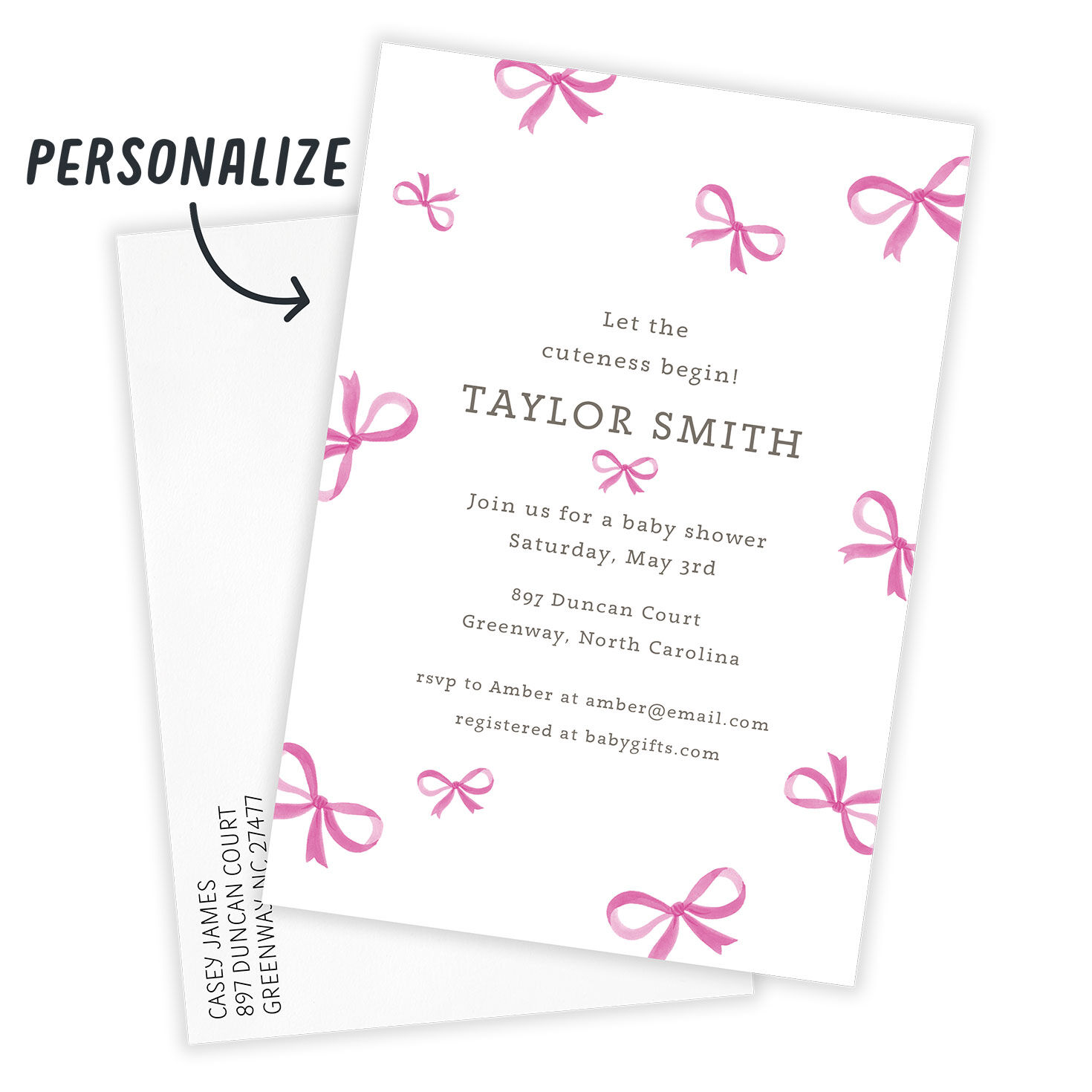Pink Bows Personalized Baby Shower Invitation Card Front indicating personalization image number 2