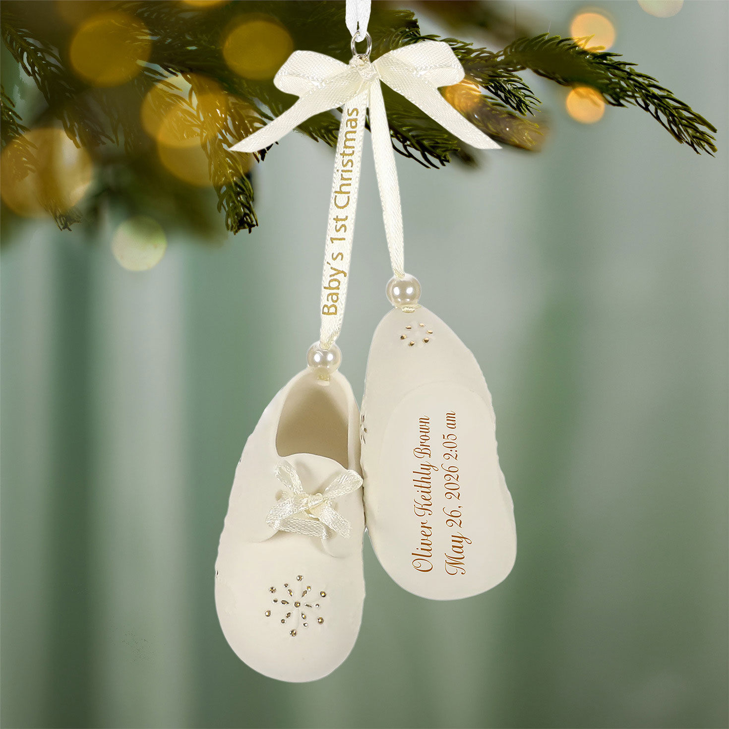 Baby&rsquo;s First Christmas Booties Porcelain Personalized Ornament, Custom Text hanging on tree image number 3