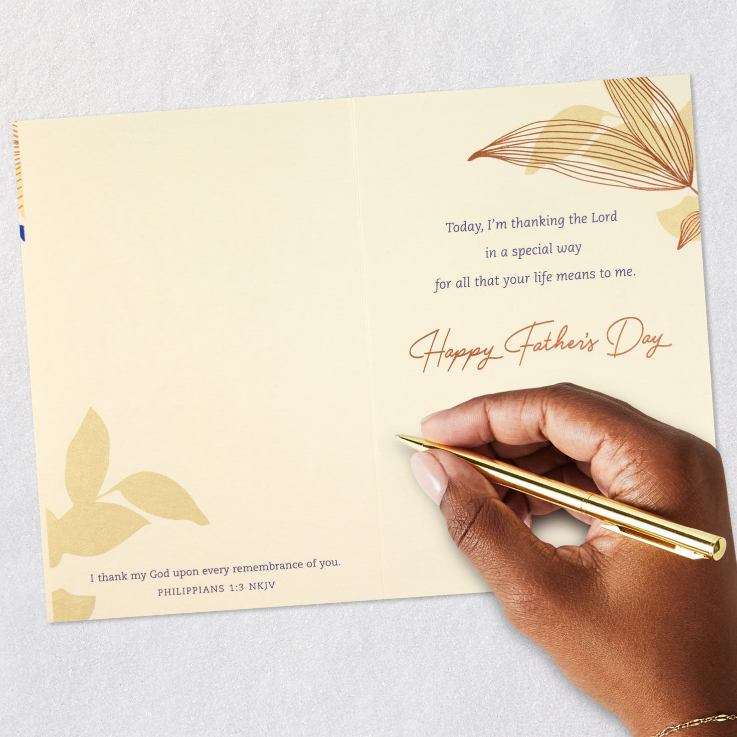 Blue and Copper Leaves Religious Father's Day Card Card Front Detail image number 7